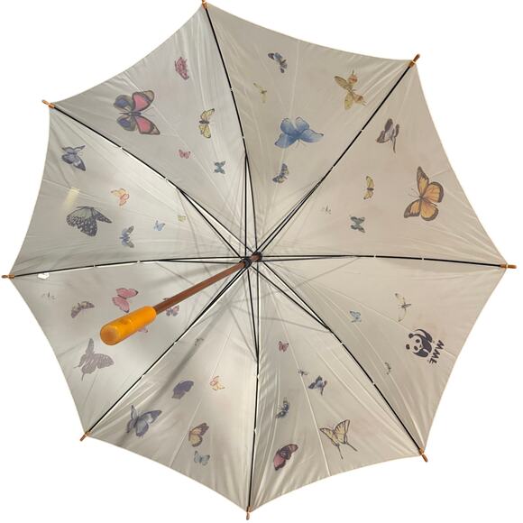 Vintage WWF WORLD WILDLIFE FUND Charity 41” Umbrella BUTTERFLIES Wooden Handle - Picture 2 of 4
